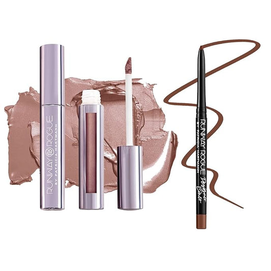 Runway Rogue ‘Soft Light’ Dark-Pink Pearl Glam Shimmer Long Wear Liquid Lipstick Bundle with ‘Trendsetter’ Soft-Mocha Designer Liner Lip Liner