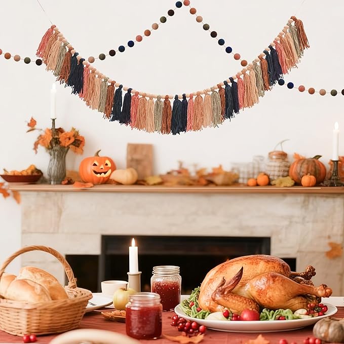 2pcs Longer Fall Tassel Garland, Pom Pom Tassel, Felt Ball Garland, Thanksgiving Wall Hanging Party Decorative Banner Pastel, Home Decoration Wedding Birthday Baby Shower