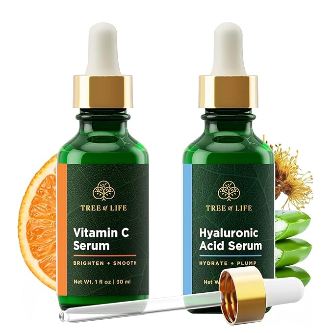 Tree of Life Beauty Facial Skin Care Set, Brightening, Firming, Hydrating, Dry Face, Dermatologist Tested - Vitamin C and Hyaluronic Acid Facial Serum - Skin Care Kit, 2 count of 1 Fl Oz