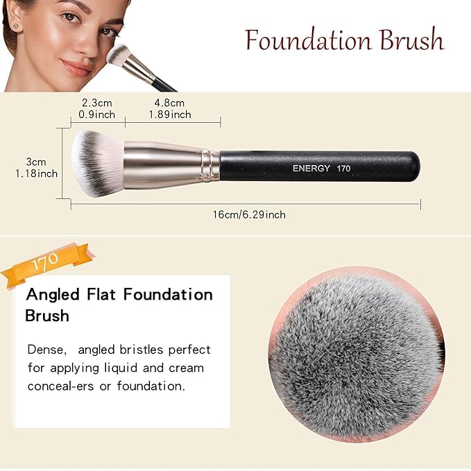 ENERGY Foundation Brush for Liquid Makeup Professional Synthetic Bronzer Brush for Full Coverage Cream Powder Cosmetics Blending Buffing Contouring Vegan application tool 170