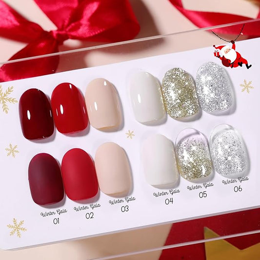 Born Pretty Christmas Red Gel Nail Polish Set,6 Colors Christmas Burgundy Blood Red Glitter Snowflake White Gold Silver Sparkle Nail Gel Kit Soak Off U V Nail Gel Polish Nail Art Home Diy Manicure