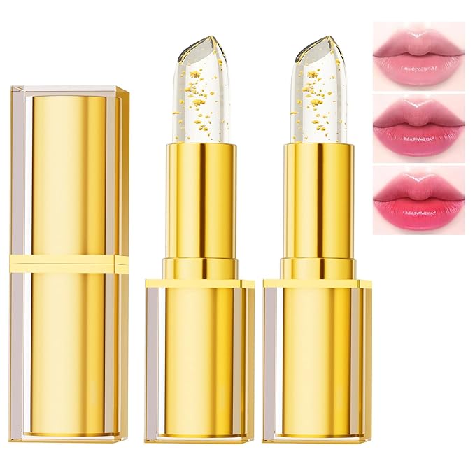 Color Changing Lipstick, Gold Crystal Ph Transfer Proof Color Changing Lipstick, Clear Lip Stick That Changes Color, Hydrating & Non-Sticky Formula, Long Lasting Moisturizing Lip Gloss for Women(2PCS)