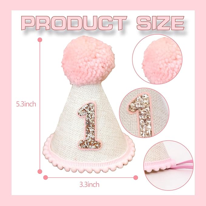 Pink Baby Girl 1st Highchair Banner Wood Bead Tassel Garland Conical Cap Bling Cake Topper Birthday Party Decorations