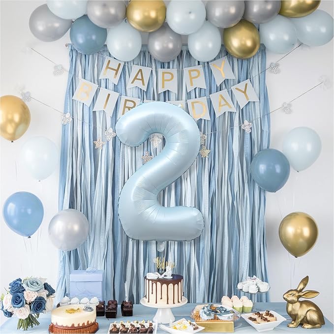 40 Inch 2 Balloon Number, Large Pastel Baby Matte Blue Foil Number 2 Balloons Birthday Party Decor, Light Blue Mylar Self Inflating Two Balloon for Boys 2nd Birthday Baby Shower Anniversary Decoration