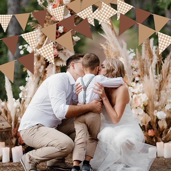 33 Ft Gingham Hanging Banner Decoration Brown Pennant Plaid Triangle Flag Fabric Bunting Garland for Birthday Baby Shower Party Supplies