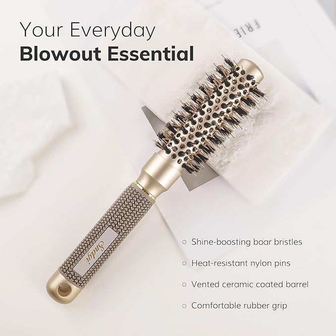 Sndyi Small Round Brush for Blow Out, Nano Thermal Ceramic Ionic Round Hair Brush with Boar Bristles, Boost Shine & Volume, For Short Hair with Quick Blow Drying & Salon Styling -2 Inch, Barrel 1 Inch