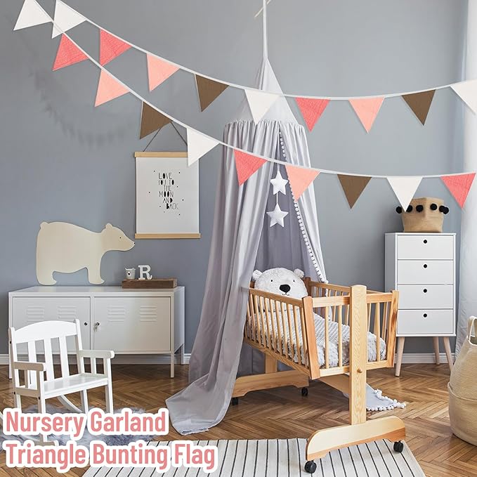 2PCS Pennant Banner Flags, Fabric Bunting Banner Nursery Garland Decor, Baby Shower Garland, Triangle Flags for Baby Boy Room, Playroom, Boho Birthday Party Decor, Each 7.75 ft (White Pink)