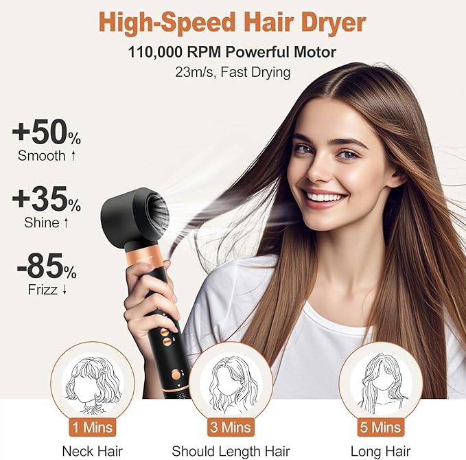 Air Styler Hair Dryer Brush - 110,000 RPM Flexible Hair Styler for Fast Drying/Rotating Curling/Volumizing/Straightening, Auto Wrap Curlers, High-Speed Oval Blow Brush Hair Dryer (Black-Caramel)