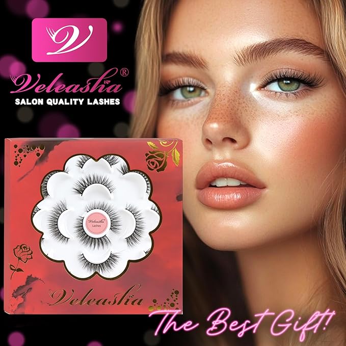 Veleasha Lashes 5D Faux Mink Lashes Cat Eye Lashes Handmade False Eyelashes Wispy Fake Lashes 7 Pairs Luxurious Volume Fake Eyelashes Pack (5D28)