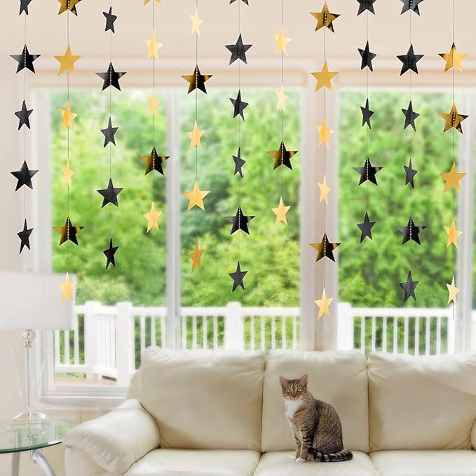 Patelai 130 Feet Glitter Star Garland Banner Decoration Hanging String Star New Year Eve Party Supplies Gold Black Party Decor for 2026 New Year Valentines Wedding Birthday (Gold and Black)