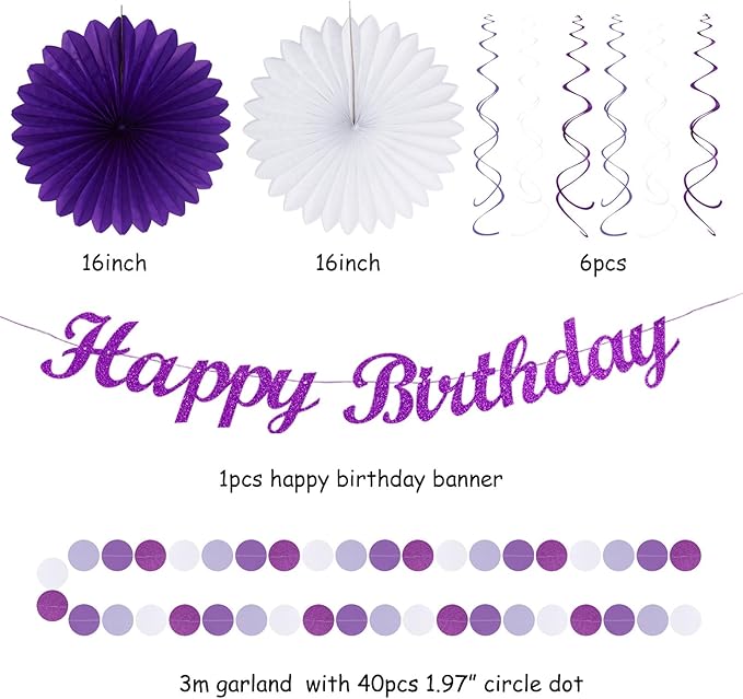 Purple Lilac-Lavender White Women Birthday Party-Decorations - 21pcs Happy Banner,Paper Lanterns,Tissue Pom Poms Flower Fan,Honeycomb Ball,Hanging Streamers Garland, Girls Decor Supplies Huglony