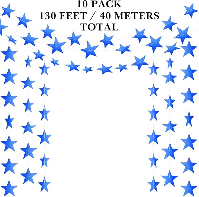 Patelai Glitter Star Garland Banner New Years Decor 130 Feet Star Hanging Banner Twinkle Backdrop for Birthday Classroom Wedding Halloween Christmas Party Supplies(Royal Blue)