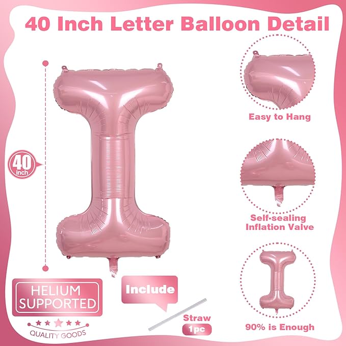 Pastel Pink I Letter Balloon, 40" Alphabet Foil Light Pink, Large Self Inflating for Girls Birthday Party Baby Shower Decoration