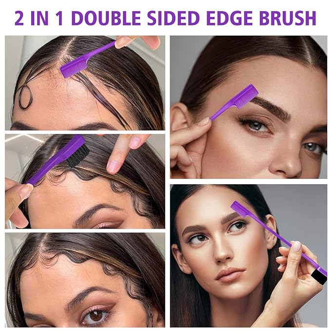 3 Pieces Hair Styling Comb Set Teasing Brush Rat Tail Comb Edge Brush for Edge&Back Brushing, Combing, Slicking Hair for Women (Purple)