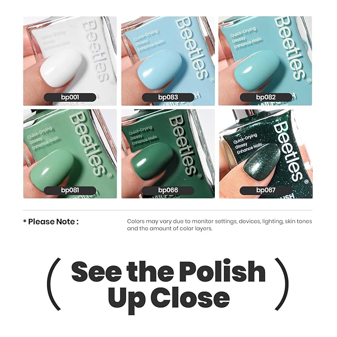 Beetles Green Nail Polish Set P181, 6 Colors Blue White Nail Polish Set, Green Collection Quick Dry Long Lasting Manicure Patricks Day DIY Nail Art Salon Home Gift For Women