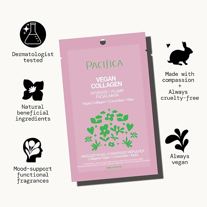 Pacifica Sheet Face Mask - Vegan Collagen Hydrate & Plump with Cucumber & Aloe – Moisturizing Mask for Dry & Aging Skin - Clean Beauty Vegan & Cruelty-Free Dermatologist Tested