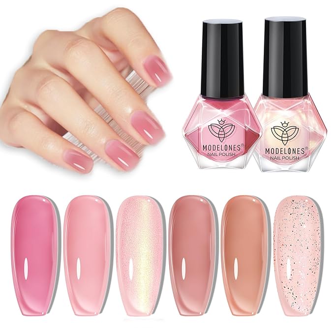 modelones Nail Polish Set, 6 Colors Jelly Nail Polish 2025 Translucent Pink Red Nude Orange Glitter Quick Dry Fingernail Polish Salon Home DIY Manicure Kit Mothers Day Gifts for Women
