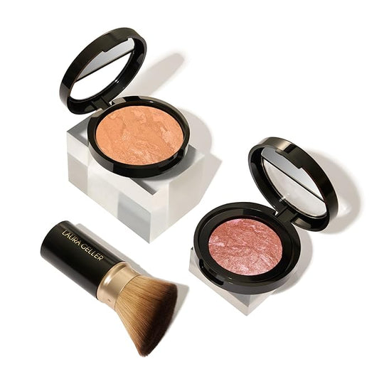 LAURA GELLER NEW YORK Blush-n-Glow Kit (3 Piece) Baked Balance-N-Glow Illuminating CC Powder Foundation Golden Medium, Retractable Kabuki Brush, Baked Blush-N-Brighten Pink Grapefruit
