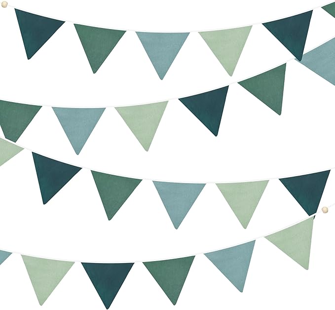 2 Sets of Gradient Dark Green Pennant Banner 24Pcs Nursery Garland Flags Sage Green Fabric Linen Triangle Streamers for Baby Room Decor Kids Jungle Safari Birthday Baby Shower Boho Party Decorations