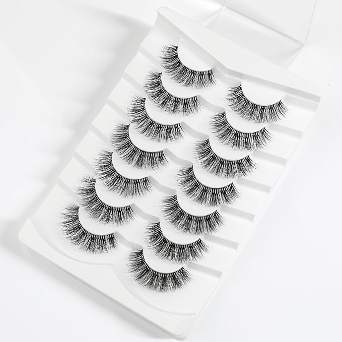 3D Clear Band False EyeLashes Soft Faux Mink Lashes Wispy Fluffy Eyelashes Natural Cat Eye Short Reusable 7 Pairs Happy Heartbeat(No.198)