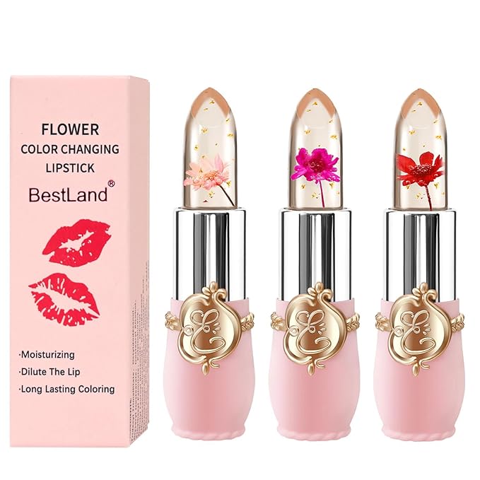 BestLand 3 Pcs/Set Flower Jelly Lipstick Set Temperature Change Moisturizer Long Lasting Nutritious Balm Magic Color Change Lip Gloss (3Pcs Flower Jelly Lipstick 010203)