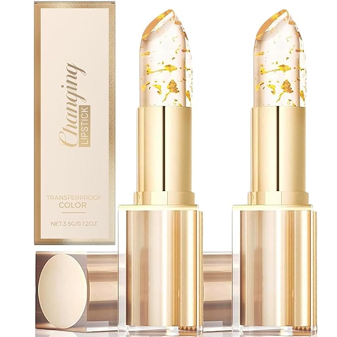 2Pcs Transferproof Color Changing Lipstick,Gold Crystal Color Changing Lipstick,Long Lasting 24 Hours Moisturizing Glossy Shine Lip Gloss for Women
