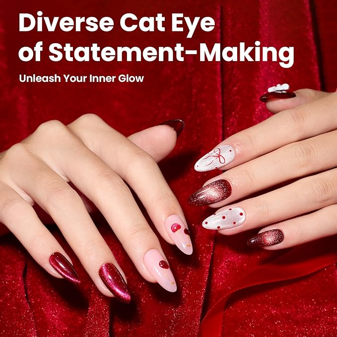 Beetles Red Cat Eye Gel Nail Polish Set - Sultry Burgundy Cat Eye Gel Polish, 6 Colors Burgundy Dark Red Glitter Red Magnetic Fall Gel Polish Kit Soak Off UV Nail Art Salon DIY Manicure Gift for Women