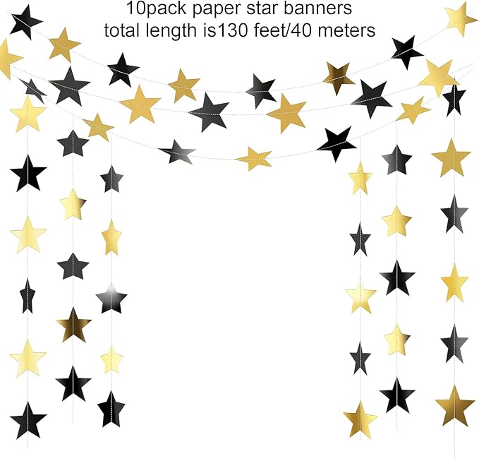 Patelai Glitter Star Garland Banner New Years Decor 130 Feet Star Hanging Banner Twinkle Backdrop for Birthday Classroom Wedding Halloween Christmas Party Supplies(Black, Gold)