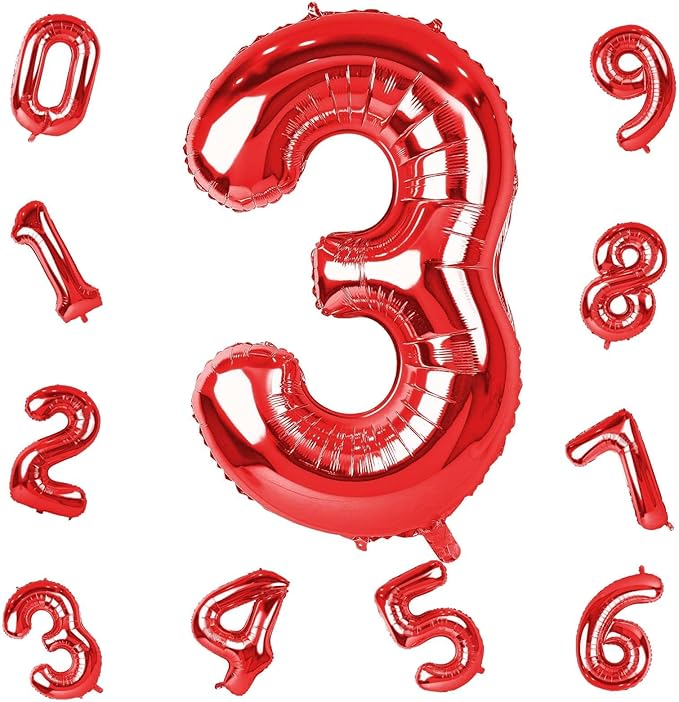 Red Number Balloons, 40 inch Large Number 3 Foil Mylar Helium Balloons for Girls Women, Self Inflating Number Balloons 0-9 for Men Boys 13th 30th Birthday Anniversary Party Celebration Decoration