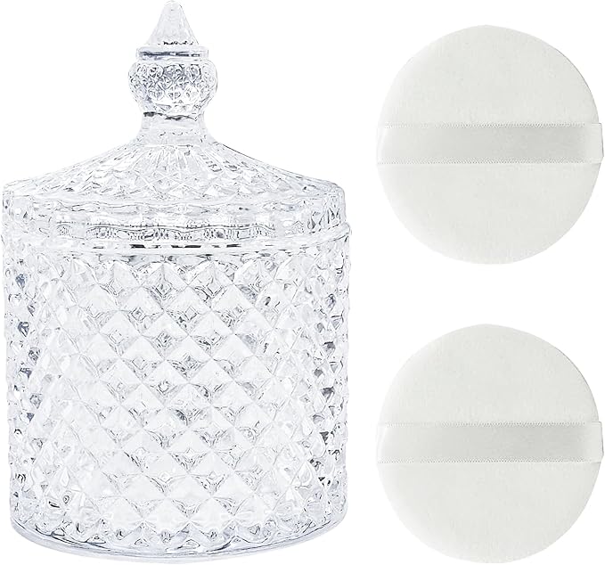3 Pcs Large Body Powder Puff and Container,Glass Reusable Box Crystal Case Jar with Soft Puff