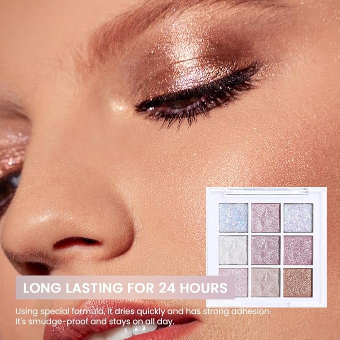 Glitter Shimmer Eye Shadow Palette Makeup,Pink White Purple Sparkle Warm Pastel 9 Colors Eye Shadow Palette,Nude White Eyeshadow Palette Colorful Long Lasting Waterproof Naturing-Looking