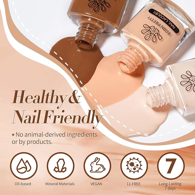 Born Pretty Brown Nail Polish Quick Dry, 6 Colors Fall Nude Brown Caramel Coffee Chestnuts Chocolate Glitter Nail Polish Neutral Beige Khaki Fingernail Polish All Seasons Nail Art DIY Home Salon Gift