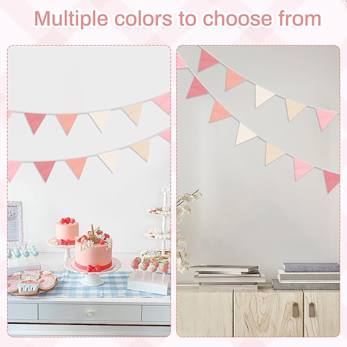2PCS Pennant Banner Flags, Fabric Bunting Banner Nursery Garland Decor, Baby Shower Garland, Triangle Flags for Baby Boy Room, Playroom, Boho Birthday Party Decor, Each 7.75 ft (Pink Beige)