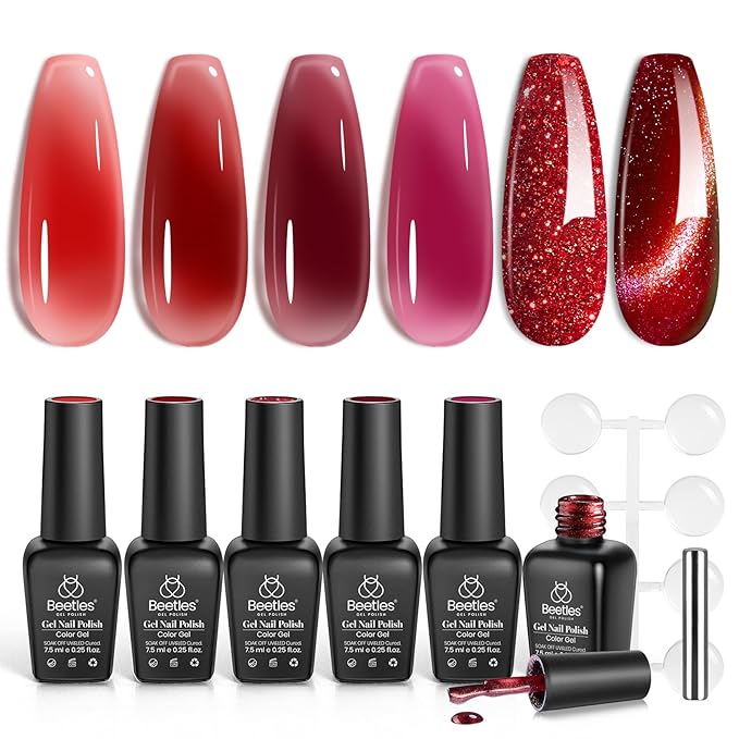 Beetles Red Gel Nail Polish Set, 6 Colors Cat Eye Glitter Burgundy Bright Jelly Nail Polish Set with Magnet, Soak Off LED Lamp DIY Salon at Home Manicure Gifts for Women Red Revival
