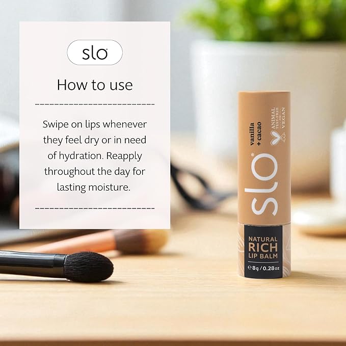 Slo | Natural Lip Balm - All Natural Ingredients, Vegan & Cruelty Free, Hydrating & Soothing, Plastic Free, Paper Packaging | Vanilla + Cacao, (0.28oz/8g)