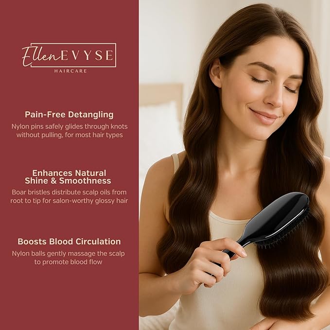 Boar Bristle Hair Brush, Soft Nylon Pins and Boar Bristles for Smoothing, Detangling, Soft Bristle Reducing Breakage and Enhancing Shine, Hairbrush for Women,Men