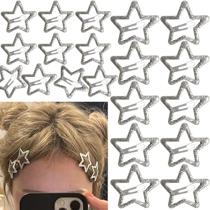 20 PCS Sparkling 1.22" and 1.65"Star Hair Clips Snap Hair Accessories Non Slip Clips for Girls Women Y2K Accessories Silver Metal Hair Clip Hair Barrettes