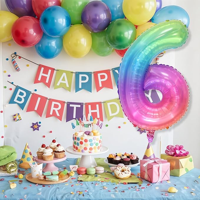 40 Inch 6 Balloon Number, Large Rainbow Foil Number 6 Balloons Birthday Party Decor, Helium Mylar Self Inflating Pastel Colorful Multicolor Balloon for Girls Kids 6th Birthday Anniversary Decorations