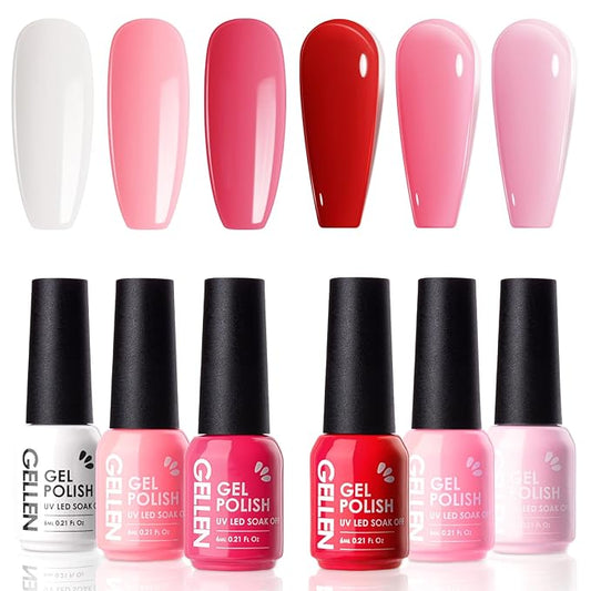 GELLEN Red Gel Polish Set, 6 Colors Red Rose Pink Jelly Gel Nail Polish Set, Soak off U/V Light Cured Nail Art Valentines Gifts for Her