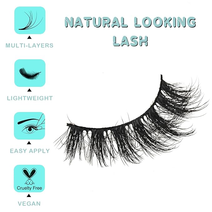 Wispy Lashes Natural Mink Eyelashes Fluffy Lash Strips Doll Eye Faux Mink Eyelash 17 mm Strip Lashes Pack Natural Look Thick Volume Wispies Pestañas Postizas Naturales Set with Soft Band