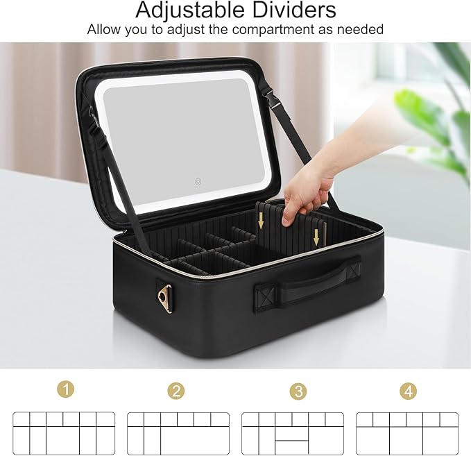 Relavel Makeup Bag with LED Mirror, Large Capacity Travel Cosmetic Organizer with Adjustable Compartments, Brush Holder & Detachable Strap, Black Storage Box for Makeup Artists
