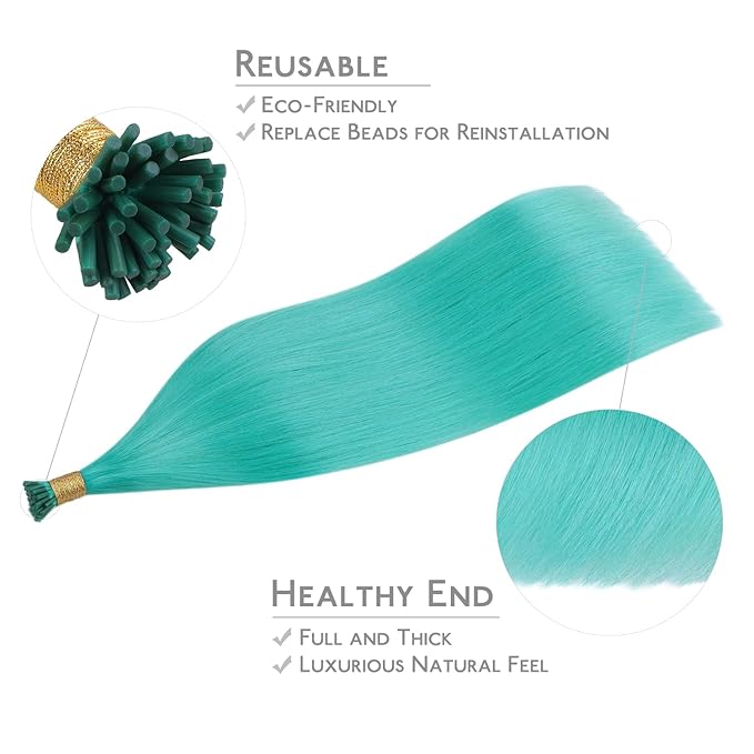WENNALIFE I Tip Hair Extensions Human Hair, 50g 100s 14 Inch Teal Green Remy Itip Human Hair Extensions Invisible Itips Straight I Tips Fusion Extensions Real Human Hair