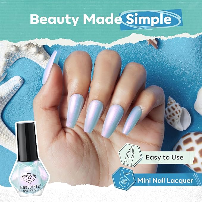 modelones Blue Nail Polish Set, 6 Colors White Green Glitter Pearl Mermaid Quick Dry Mini Starter Kit, Long Lasting Art DIY Manicure Set at Home for Women Girls