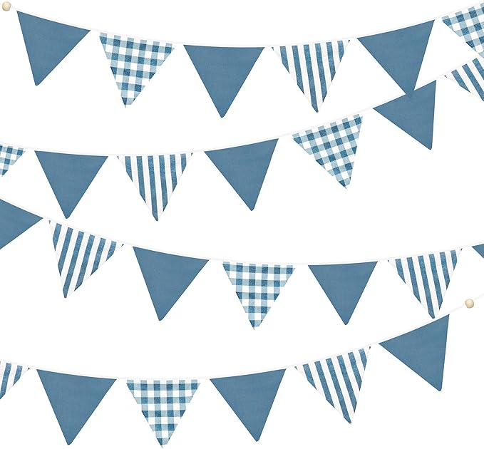 2 Sets Blue Pennant Banner Flags 24Pcs Blue Plaid Striped Nursery Garland Linen Fabric Triangle Streamers for Baby Playroom Decor Boys Nautical Checkered Birthday Baby Shower Party Decorations