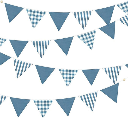2 Sets Blue Pennant Banner Flags 24Pcs Blue Plaid Striped Nursery Garland Linen Fabric Triangle Streamers for Baby Playroom Decor Boys Nautical Checkered Birthday Baby Shower Party Decorations