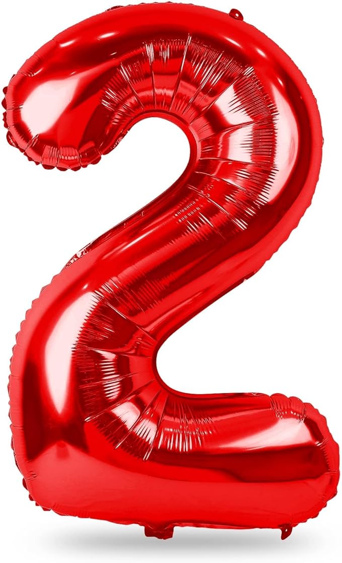 Red 2 Balloons, 40 Inch Giant Helium Foil Number 0-9 for Girls Boys, Self Inflating Digit 2nd Birthday Balloon for Women Men Anniversary Baby Shower New Year Engagement Party Decorations Supplies