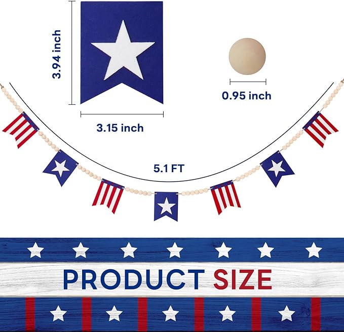 5.1 FT 4th of July Patriotic American Flag Wood Bead Garland Banner - Independence Day Decorations for Fireplace Mantle, Red White Blue Decor for Memorial Day, Veterans Day & Party Supplies