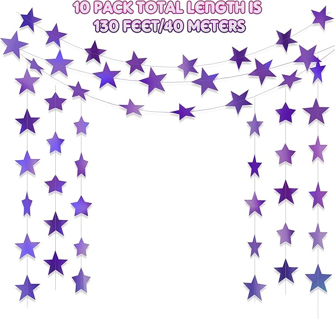Patelai Glitter Star Garland Banner New Years Decor 130 Feet Star Hanging Banner Twinkle Backdrop for Birthday Classroom Wedding Halloween Christmas Party Supplies(Holographic Purple)