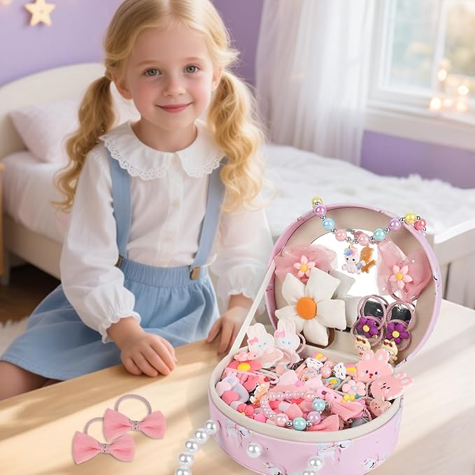 Velachuan Princess Jewelry Box for Girls with Hair Accessories,Girls Hair Clips Bows Set, Fashion Hair Styling Kit with Mirror,Pink Sparkle Trinket Box Includes Hair Clips (Flower)