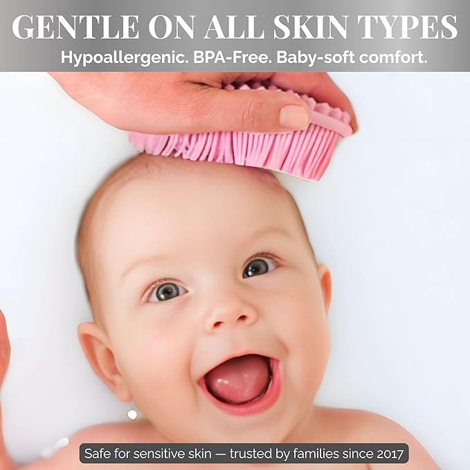 Avilana Silicone Body Scrubber - Food Grade & Lab Tested, Gentle Exfoliating Shower Brush for All Skin Types, Hygienic Quick-Dry Loofah Alternative (Pink, Massage-Silver)